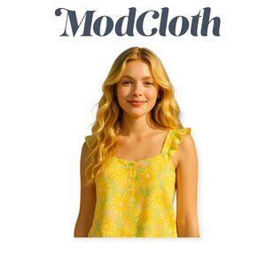 ModCloth Sleeveless Boho Ruffled Floral Cotton Top Yellow Pink Large Summer EUC